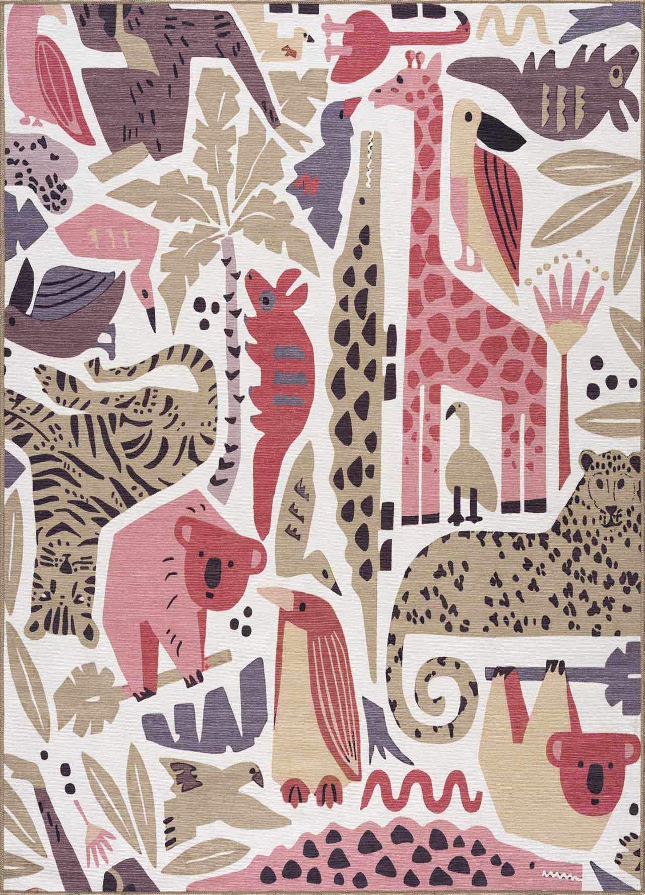 Pink Jungle Animal Washable Rug