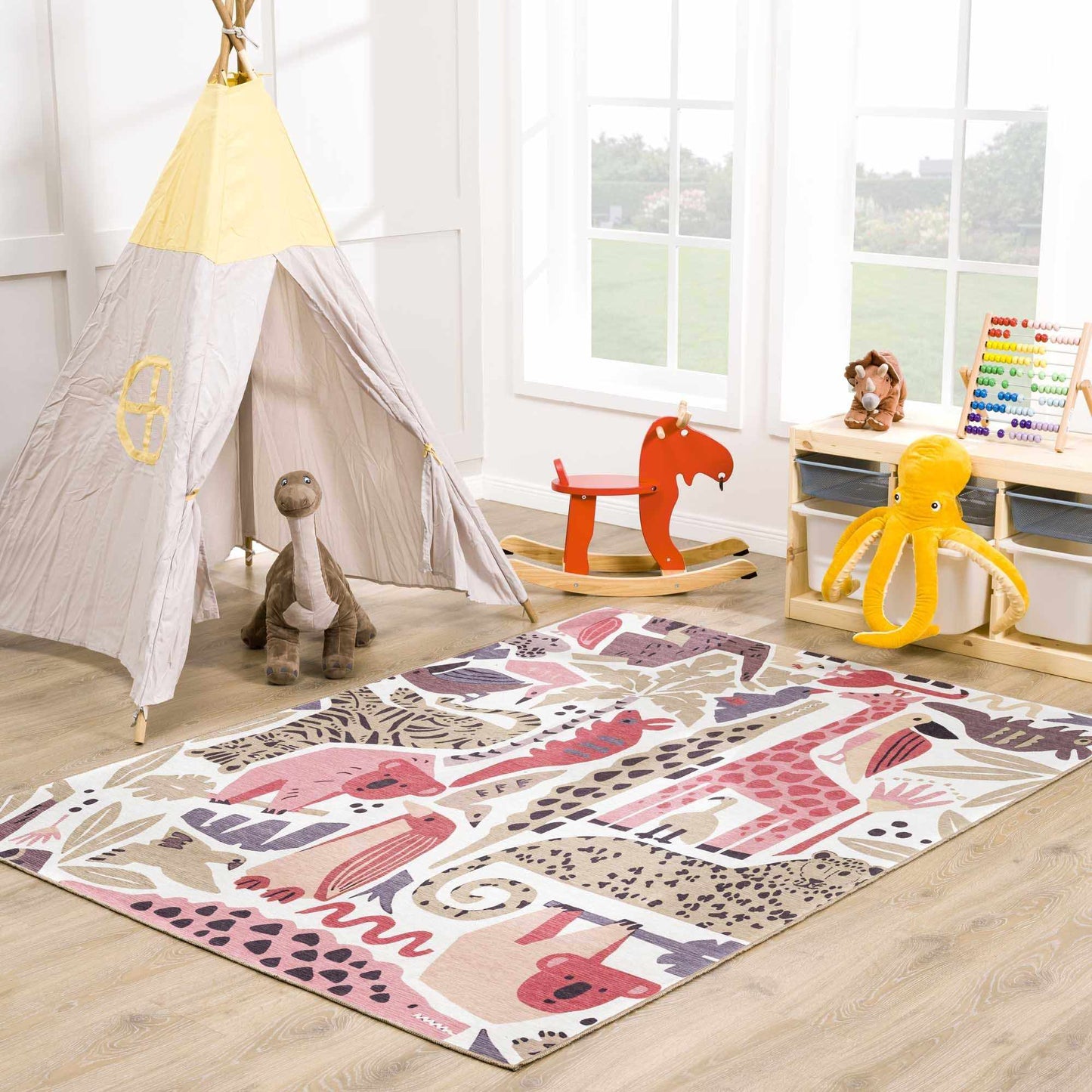 Pink Jungle Animal Washable Rug