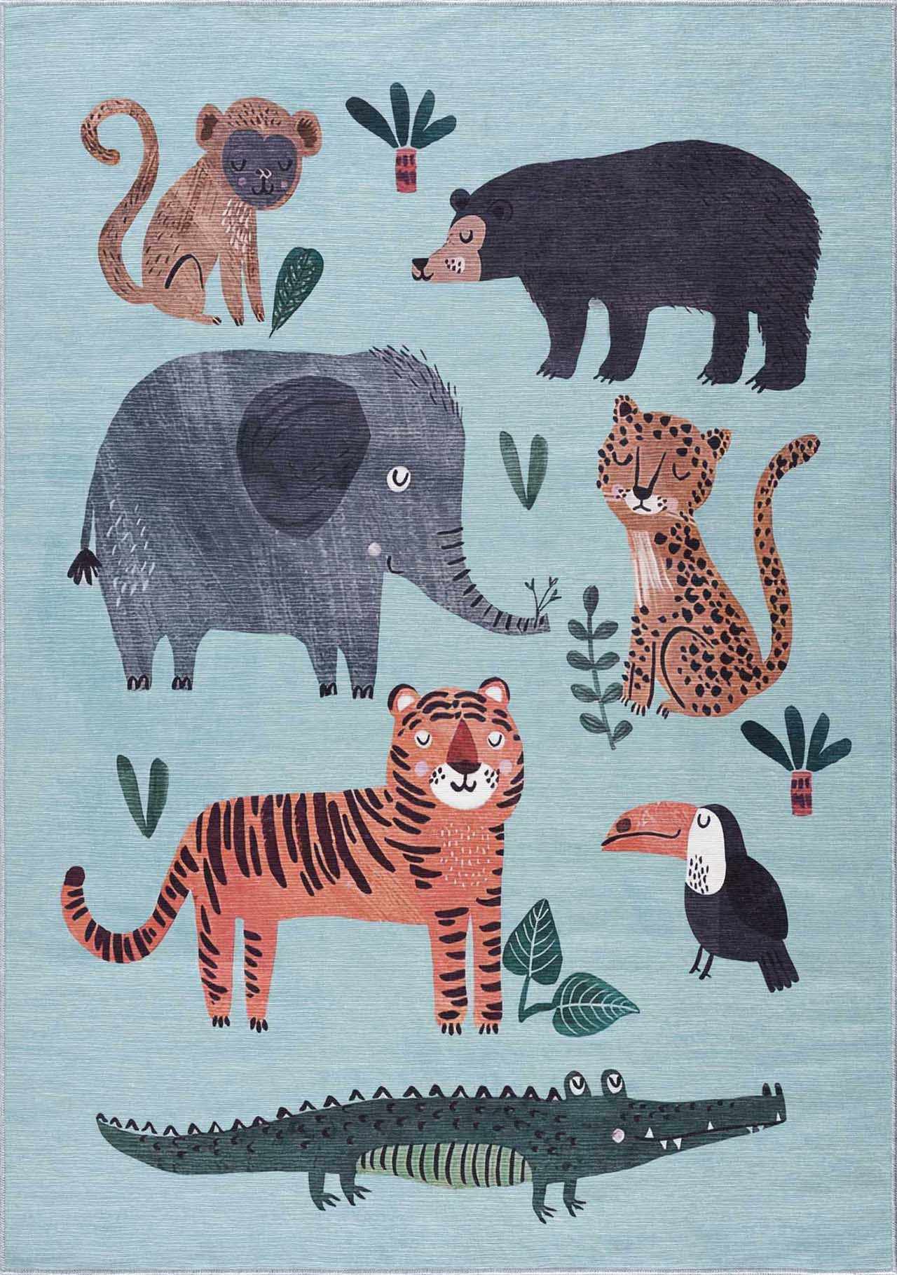Blue Jungle Animal Washable Rug