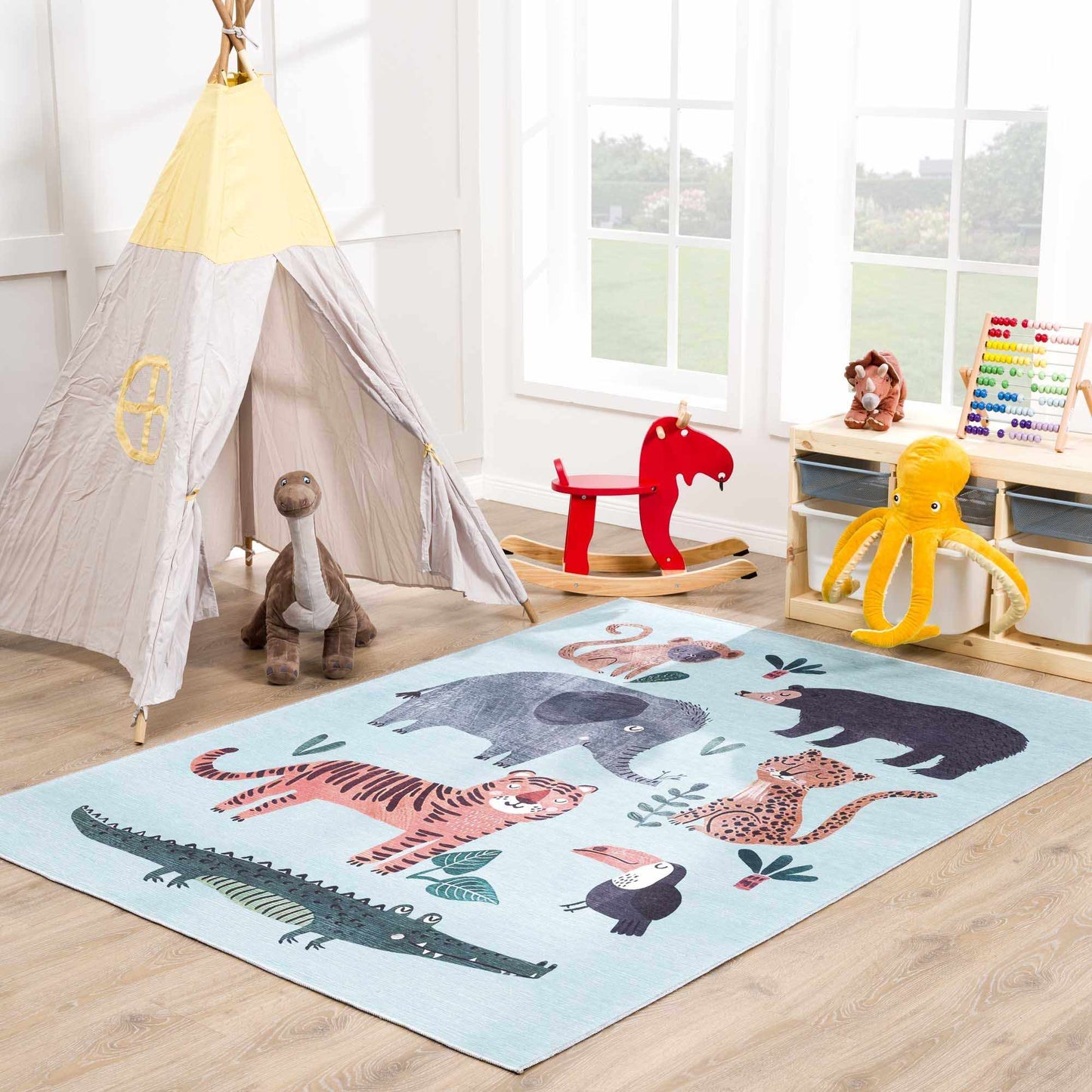 Blue Jungle Animal Washable Rug